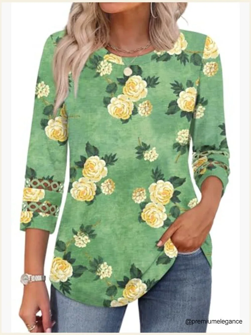 3/4 Sleeve Crewneck Blouse Loose Fit Tunic Tee Dressy Casual Top